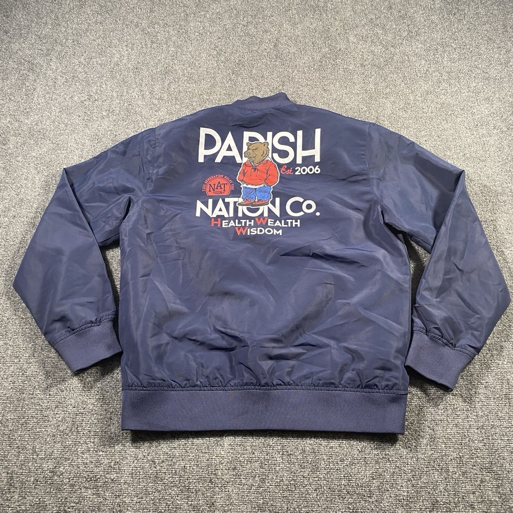 Parish Nation Mens Large Windbreaker Snap Track Jacket Bear Embroidered Patch